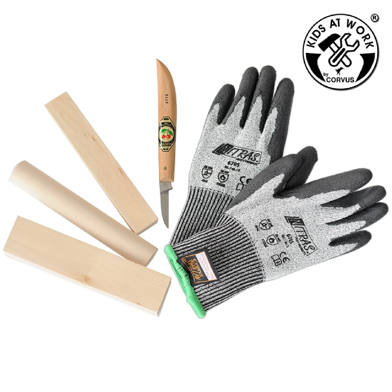 Fafaragó készlet - Kirschen kés, vágásbiztos védő kesztyű, faanyag 