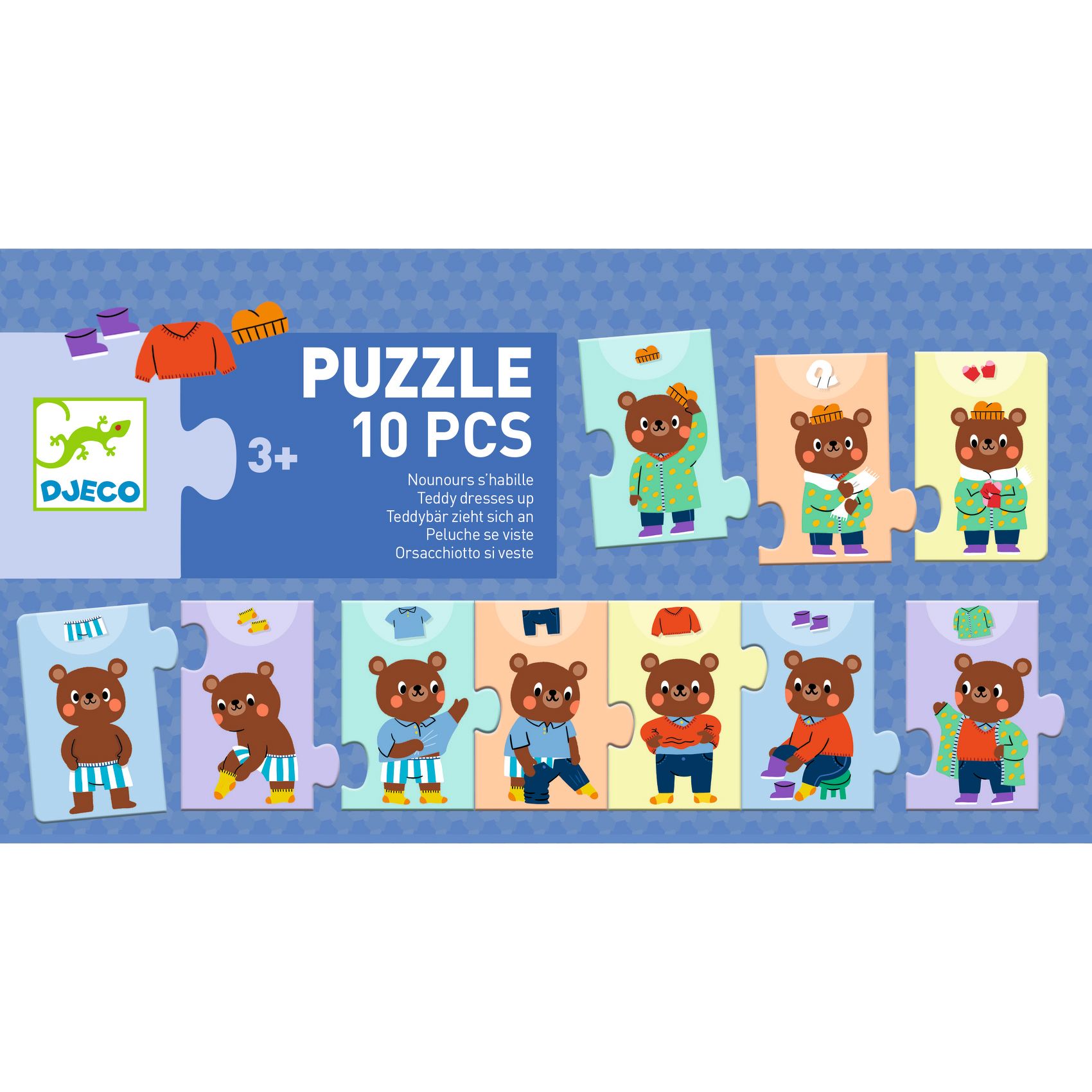Sorozatkirakó puzzle - Mackó öltözködik, 10 db-os - Teddy dresses up