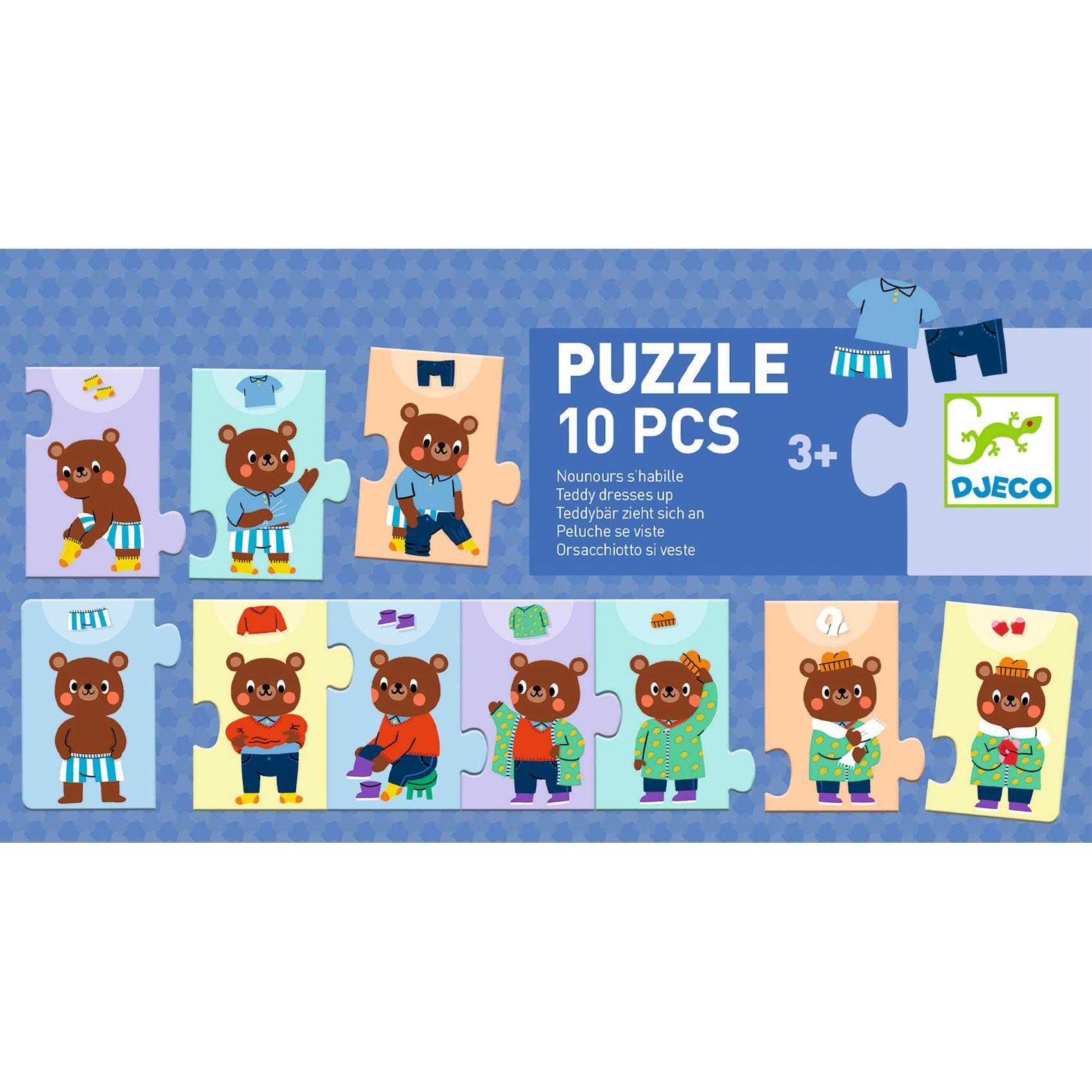 Sorozatkirakó puzzle - Mackó öltözködik, 10 db-os - Teddy dresses up