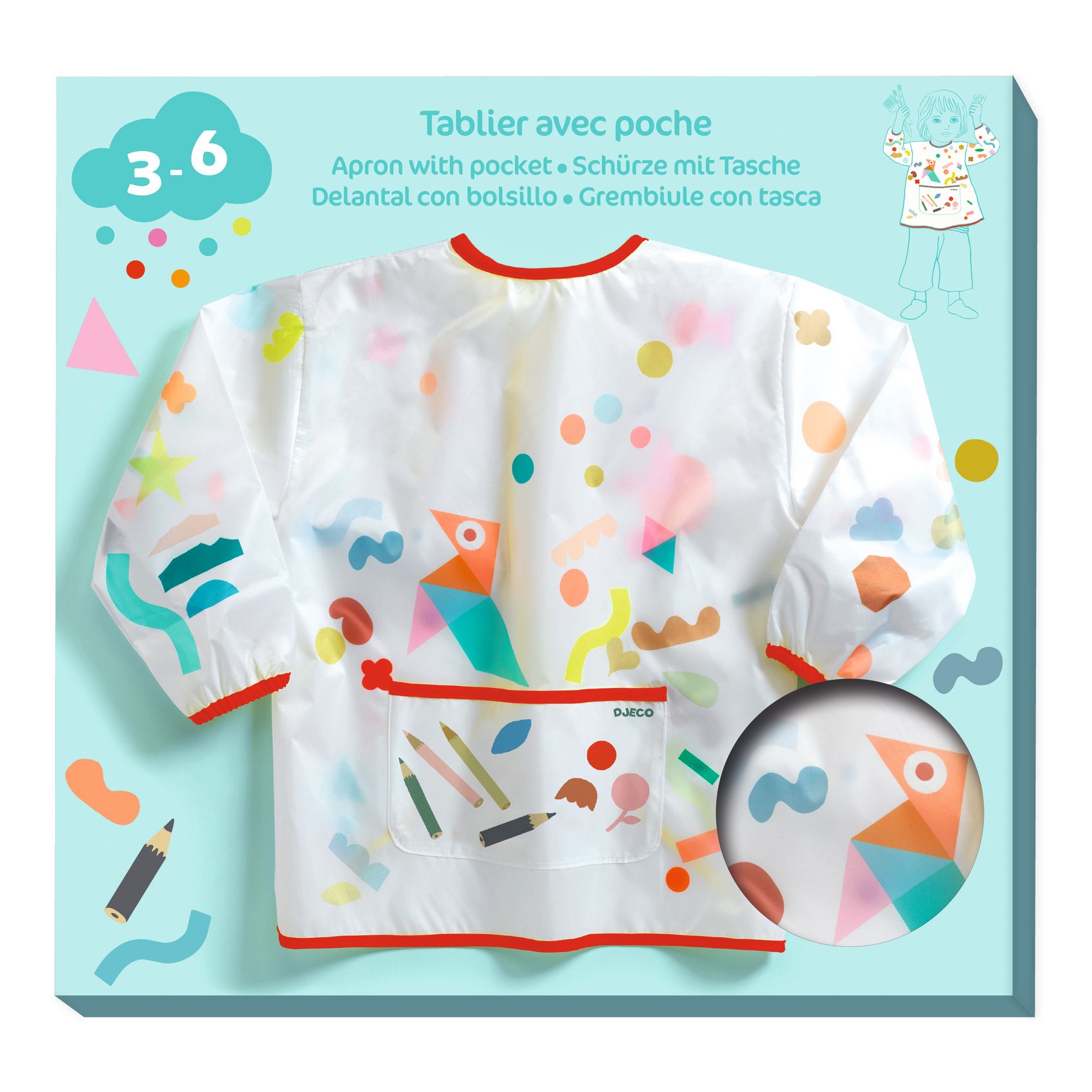 Kötény zsebbel - Matrica és ceruza mintás - Apron with pocket - Stickers and pencils